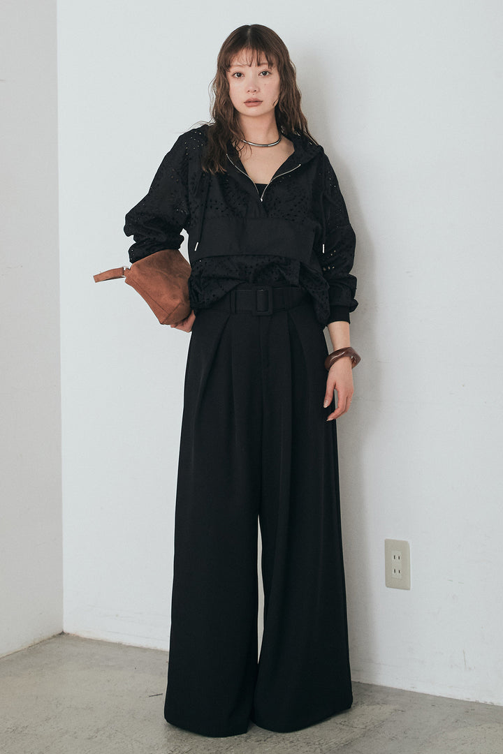 [SET]レースハーフジップアップフーディー+ベルト付きツータックワイドパンツ(2set)