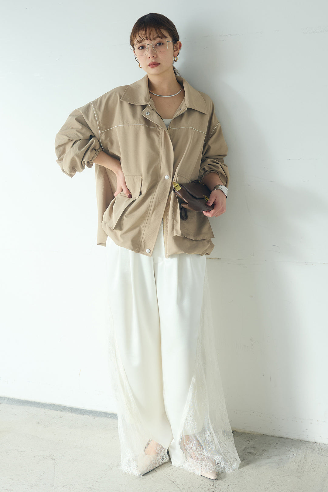 [SET]合繊ツイルバルーンジャケット+サテンレース切り替えタックパンツ(2set)
