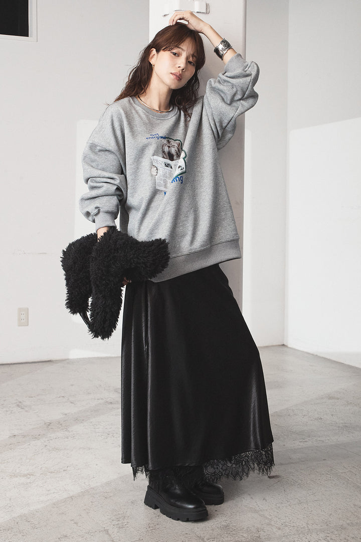[SET]裏起毛モーニングキャットプリントスウェット+裾レースデザインサテンスカート(2set)