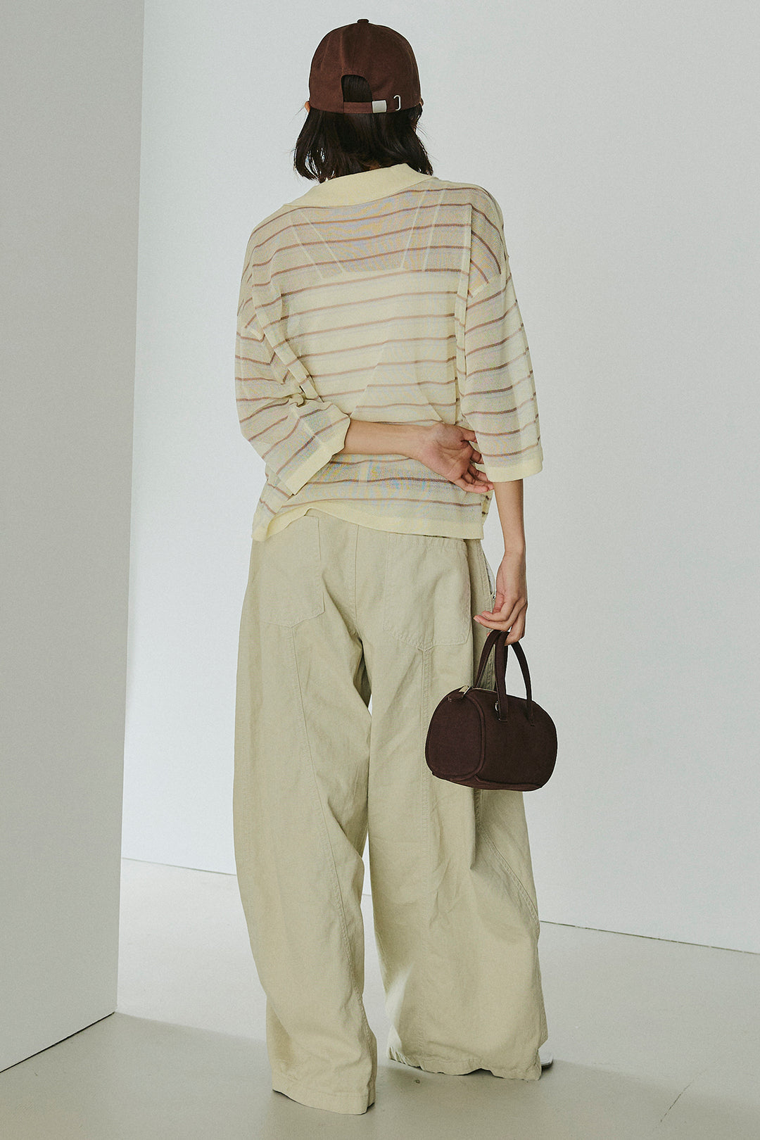 [SET]ボーダーニットポロシャツ+サイドベルトカーブワイドパンツ(2set)