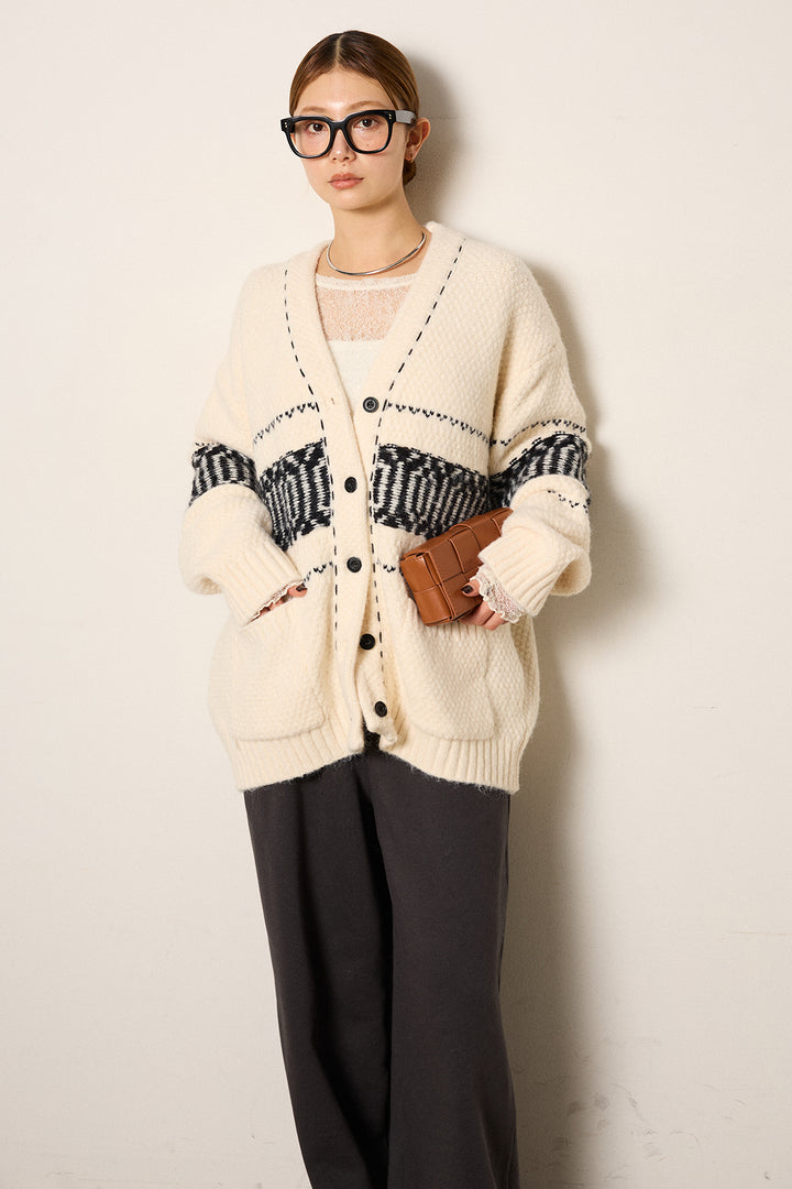 [SET]ライン柄ステッチニットカーディガン+2WAY袖コード刺繍クルーネックプルオーバー+裏起毛スウェットワイドパンツ(3set)