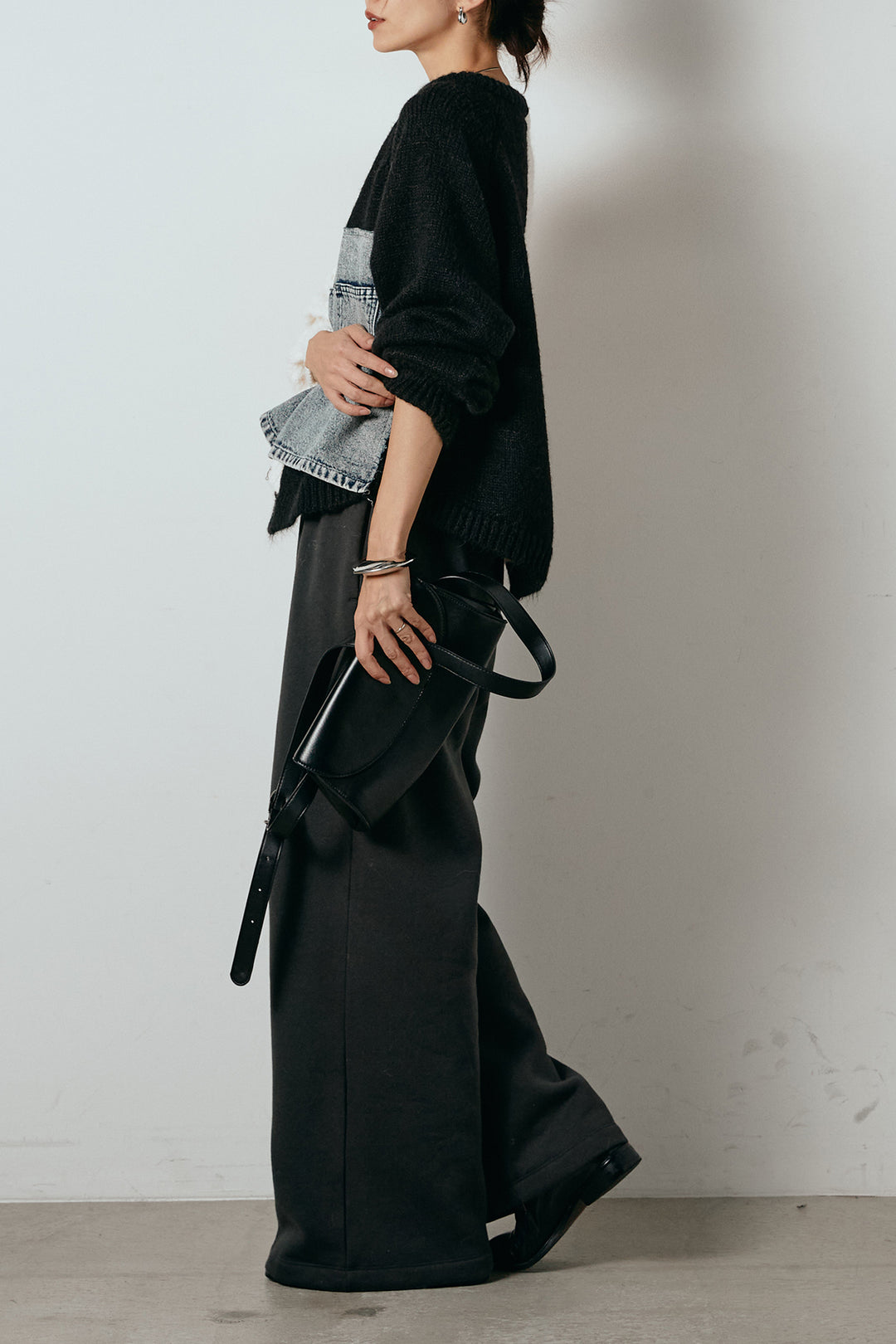 [SET]ハーフジップニットデニムドッキングトップス+裏起毛スウェットワイドパンツ(2set)