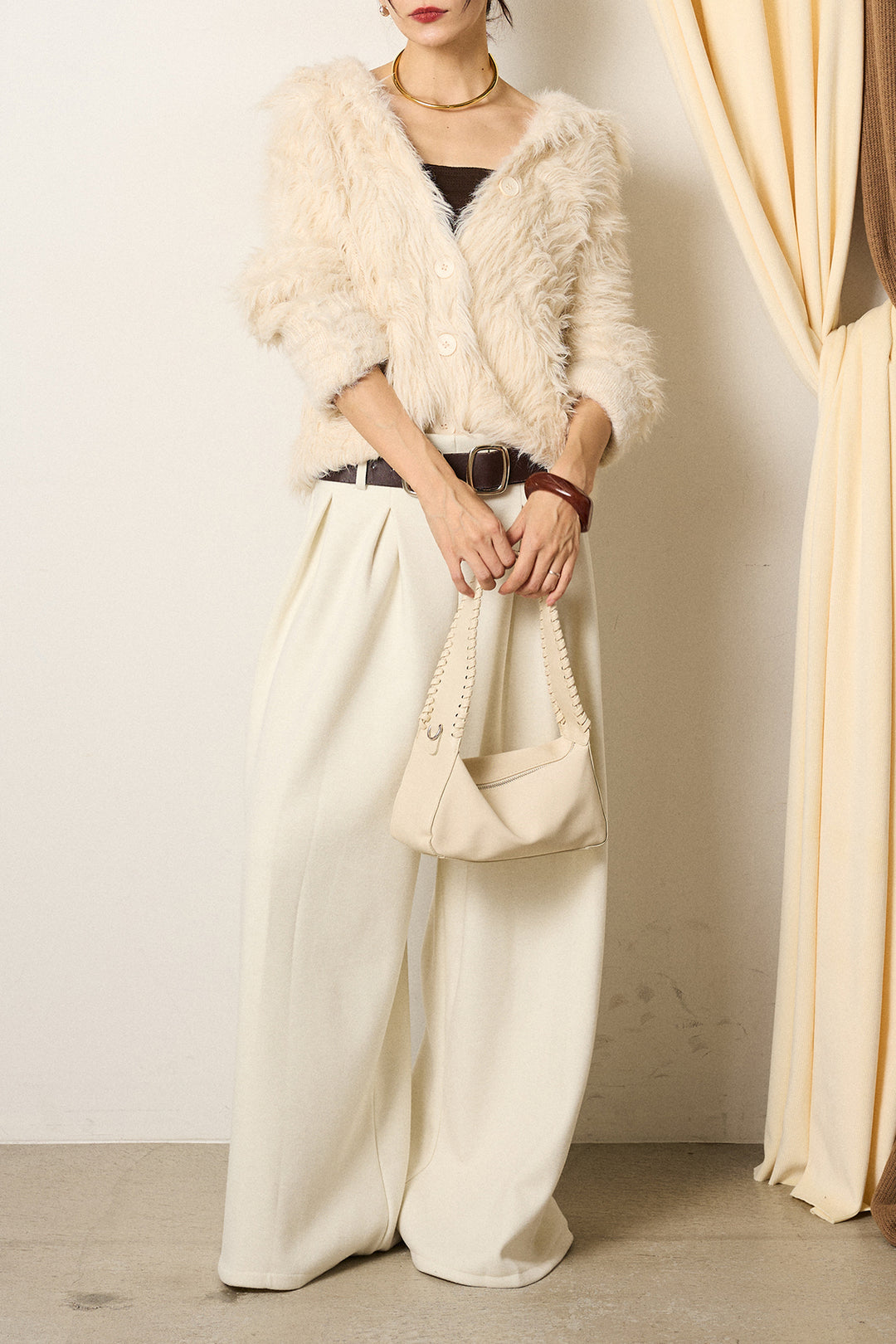 [SET]襟付きシャギーニットカーディガン+フェイクレザー太ベルト付きタックワイドパンツ(2set)