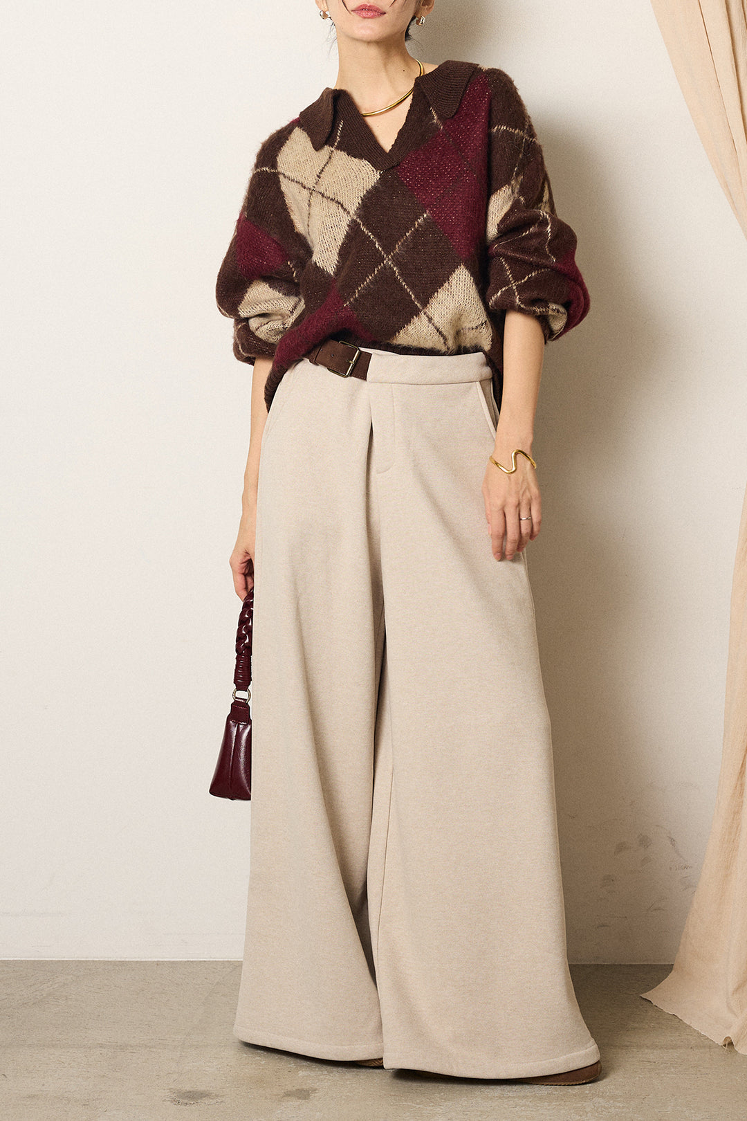 [SET]アクリルモヘアアーガイルキーネックプルオーバー+サイドベルトパンツ(2set)