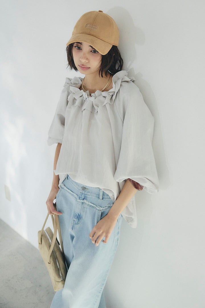 [SET]ネックフリルデザインブラウス+ウエスト裁ち切りデニムワイドパンツ(2set)