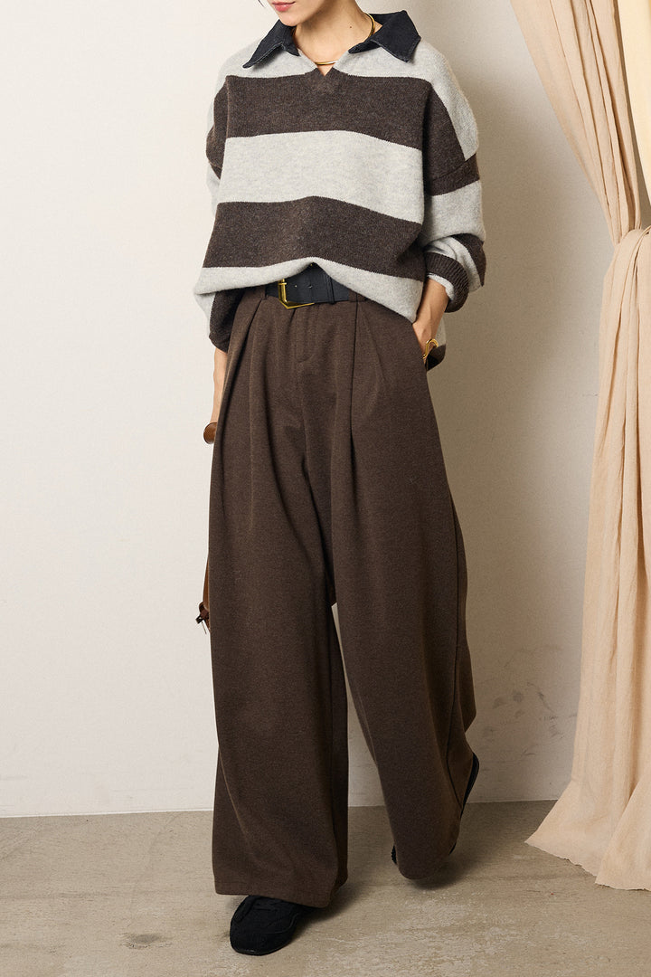 [SET]デニムカラーボーダールーズニット+ゴールドバックル太ベルト付きワイドパンツ(2set)