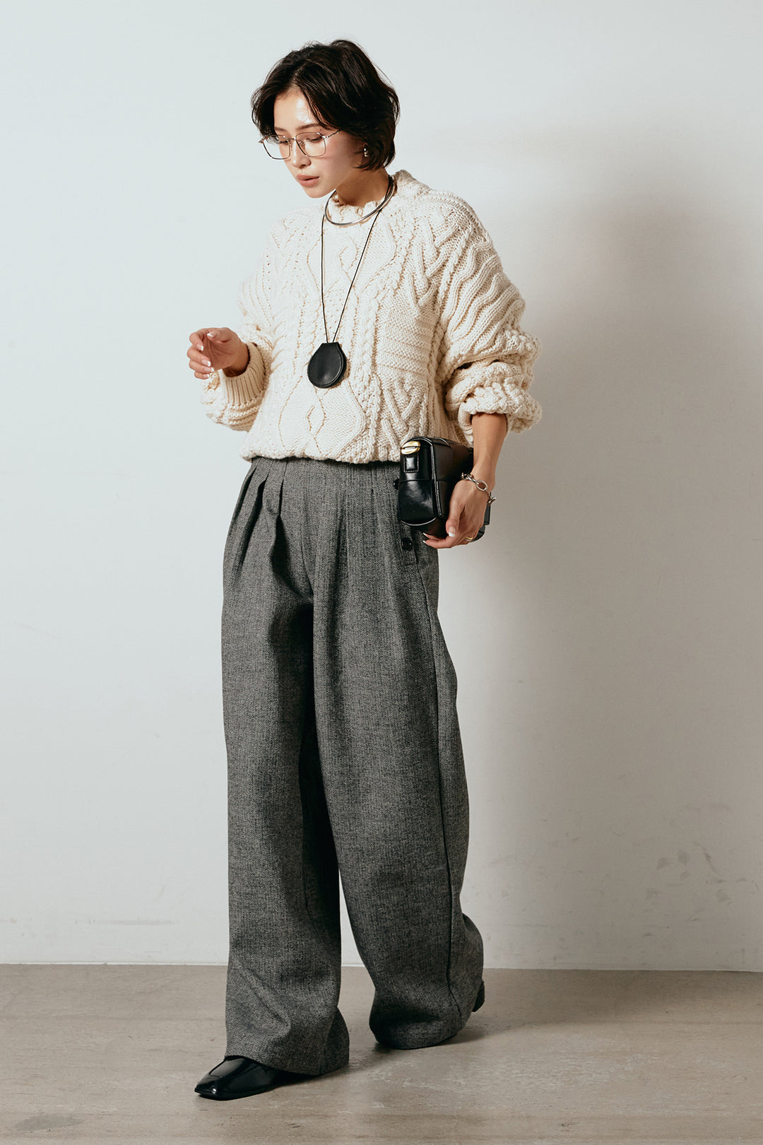 [SET]アラン柄ミックスケーブルニット+サイドボタンツイードタックパンツ(2set)