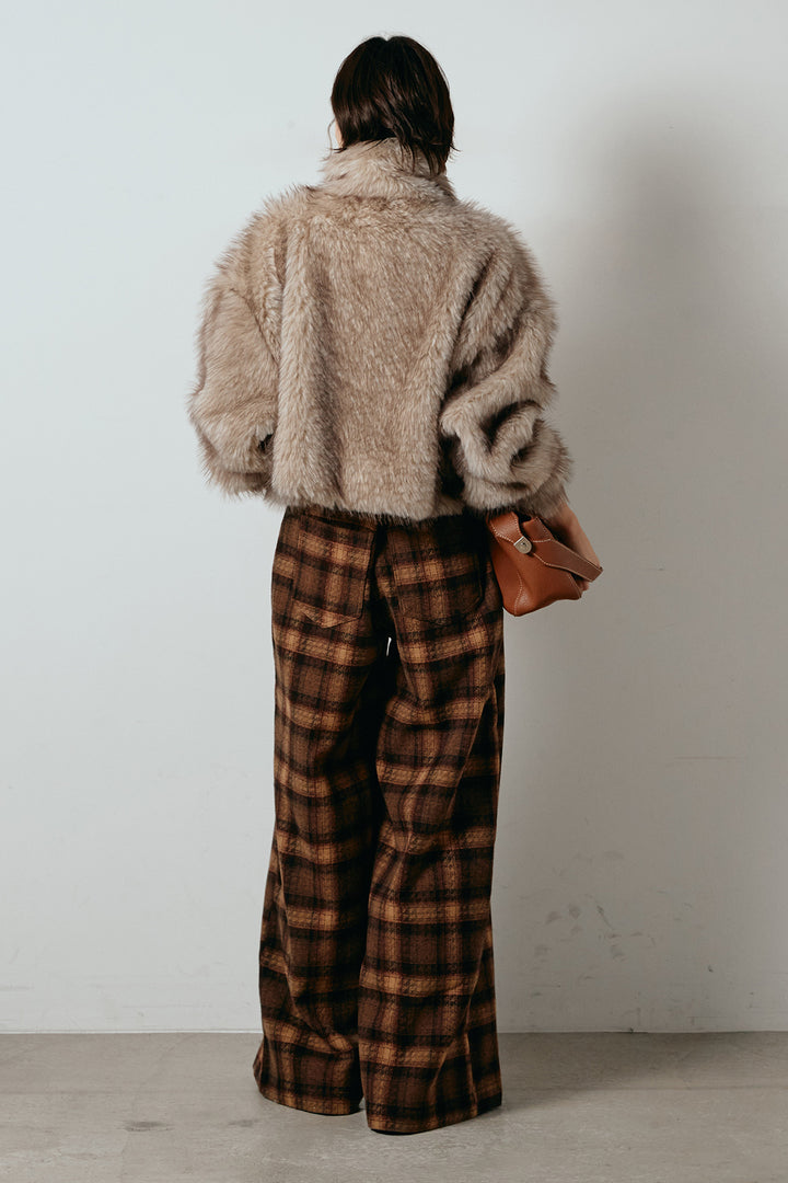 [SET]エコファーショート丈ブルゾン+ルーズタータンチェックワイドパンツ(2set)