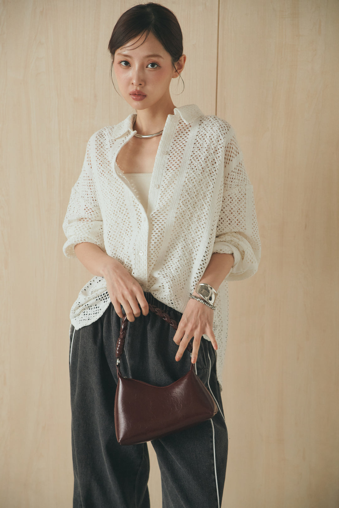 [SET]長袖襟付きレースシャツ+ドロストサイドラインデニムパンツ(2set)