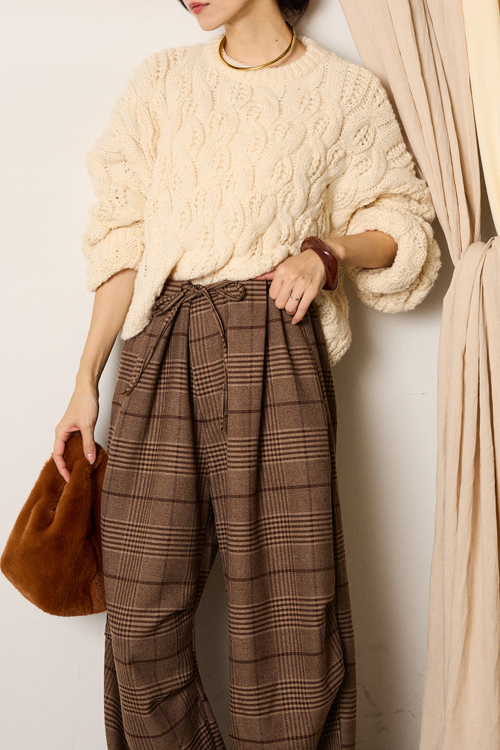 [SET]ケーブルリラックスショートニット+グレンチェックルーズタックパンツ(2set)
