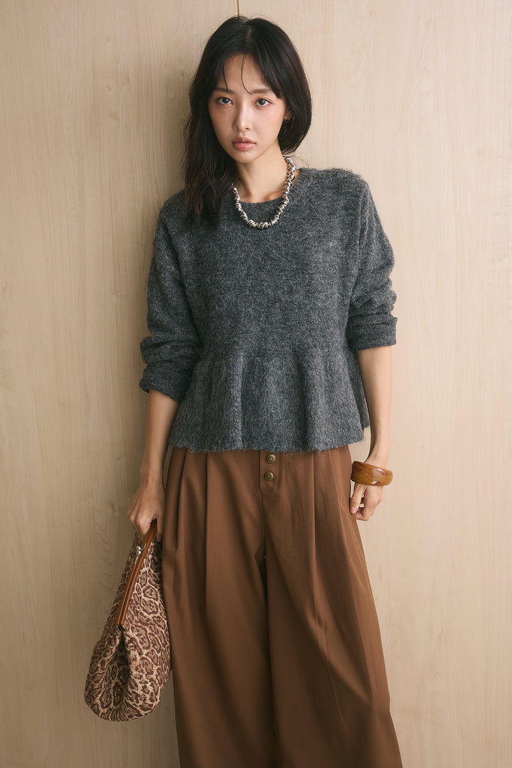 [SET]モヘアぺプラムクルーネックプルオーバー+ファイブボタンツータックワイドパンツ(2set)