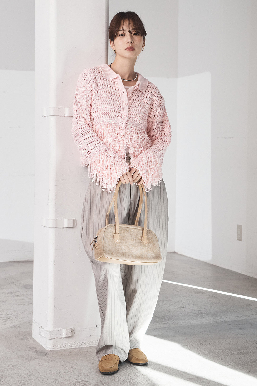[SET]メッシュフリンジカーディガン+ヘリンボーンストライプツータックパンツ(2set)