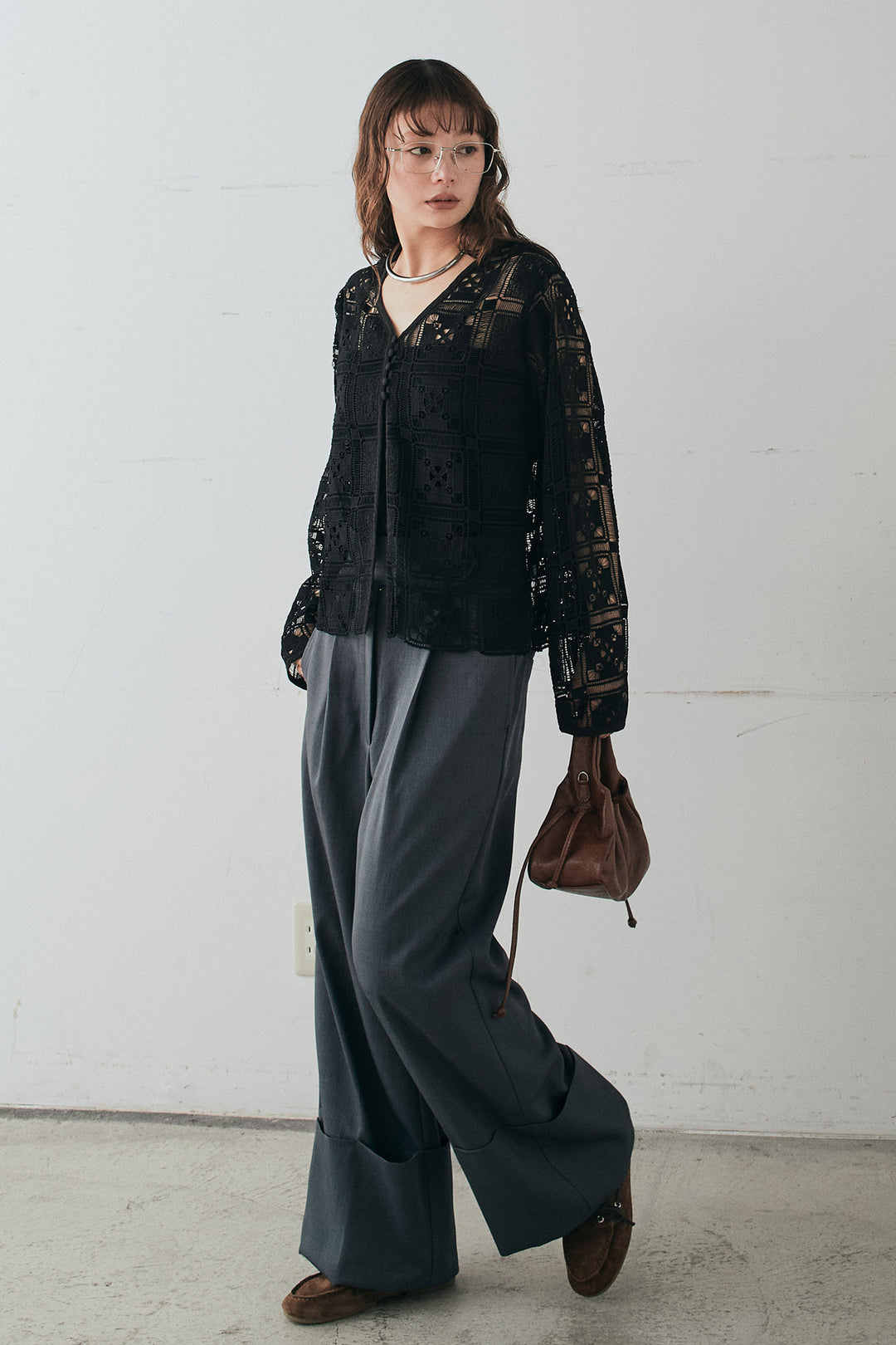 [SET]クロシェレースカーディガン+センタープレスセミワイドパンツ(2set)