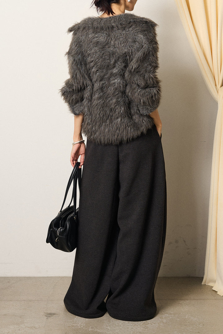 [SET]襟付きシャギーニットカーディガン+サイドベルトパンツ(2set)