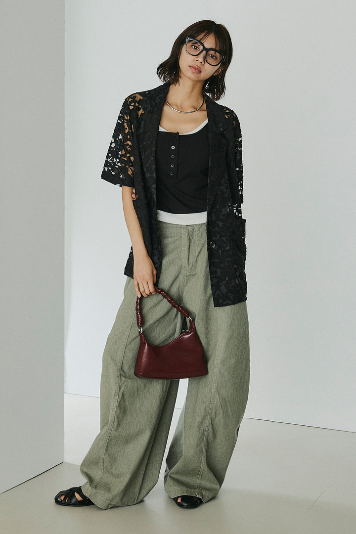 [SET]シアージャガードハーフスリーブテーラードジャケット+サイドベルトカーブワイドパンツ(2set)