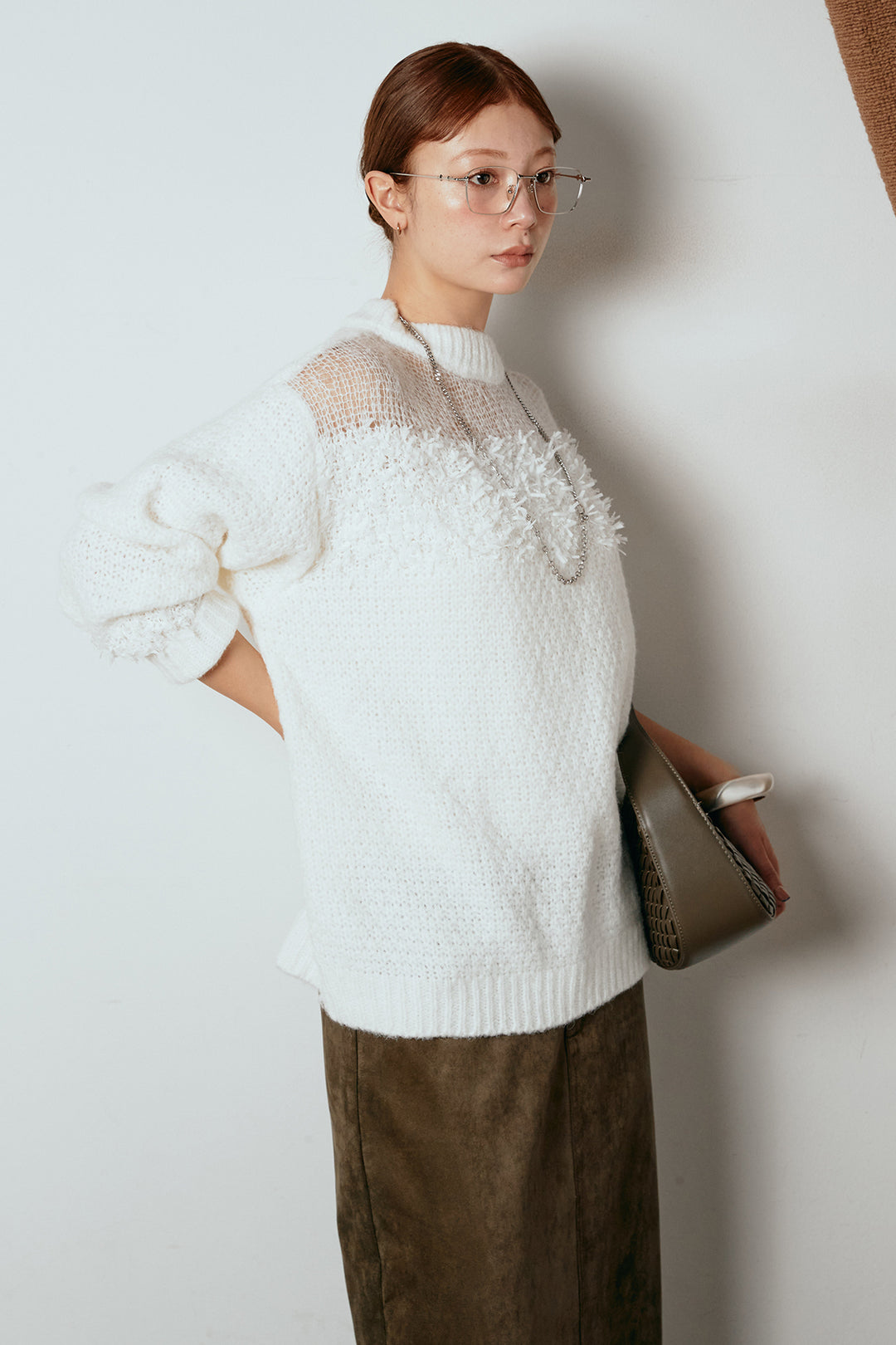 [SET]パターンランダム編みニットトップス+スウェードライク裾フリンジスカート(2set)