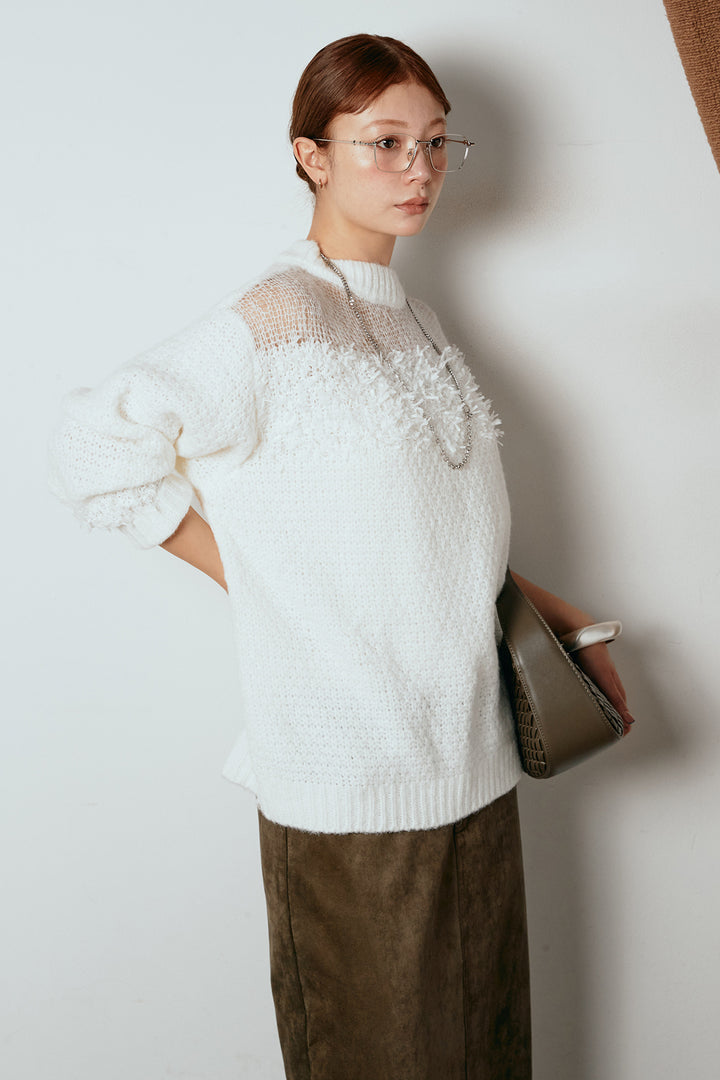 [SET]パターンランダム編みニットトップス+スウェードライク裾フリンジスカート(2set)