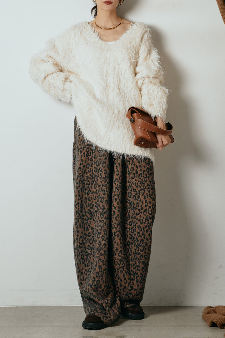 [SET]深Vネックシャギーニットトップス+リラックスレオパード柄ワイドパンツ(2set)