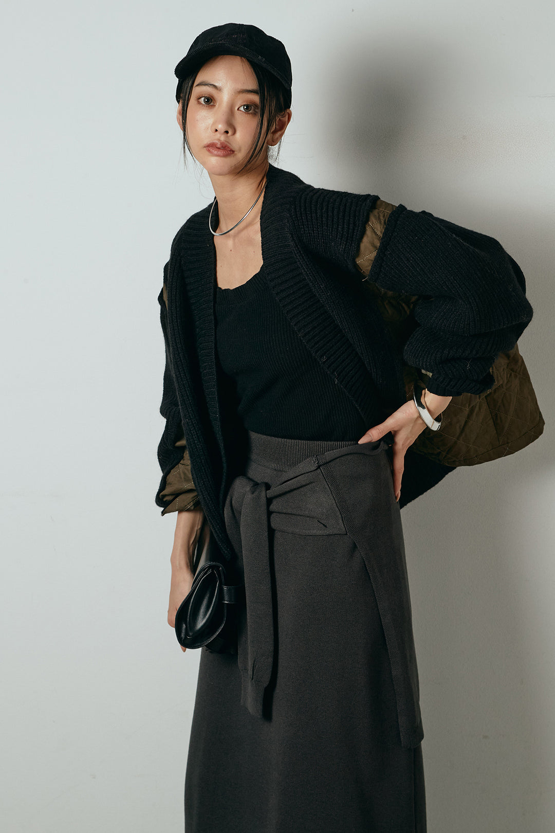 [SET]キルティング切り替えニットカーディガン+ウエストラップ巻きニットスカート(2set)