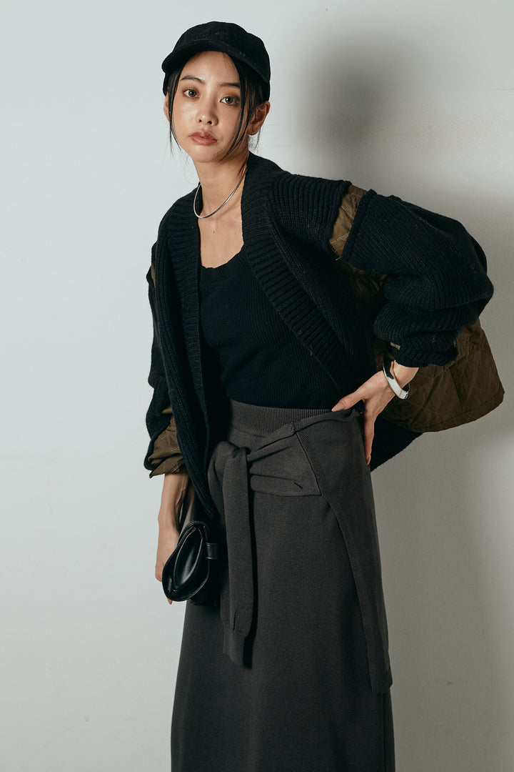 [SET]キルティング切り替えニットカーディガン+ウエストラップ巻きニットスカート(2set)