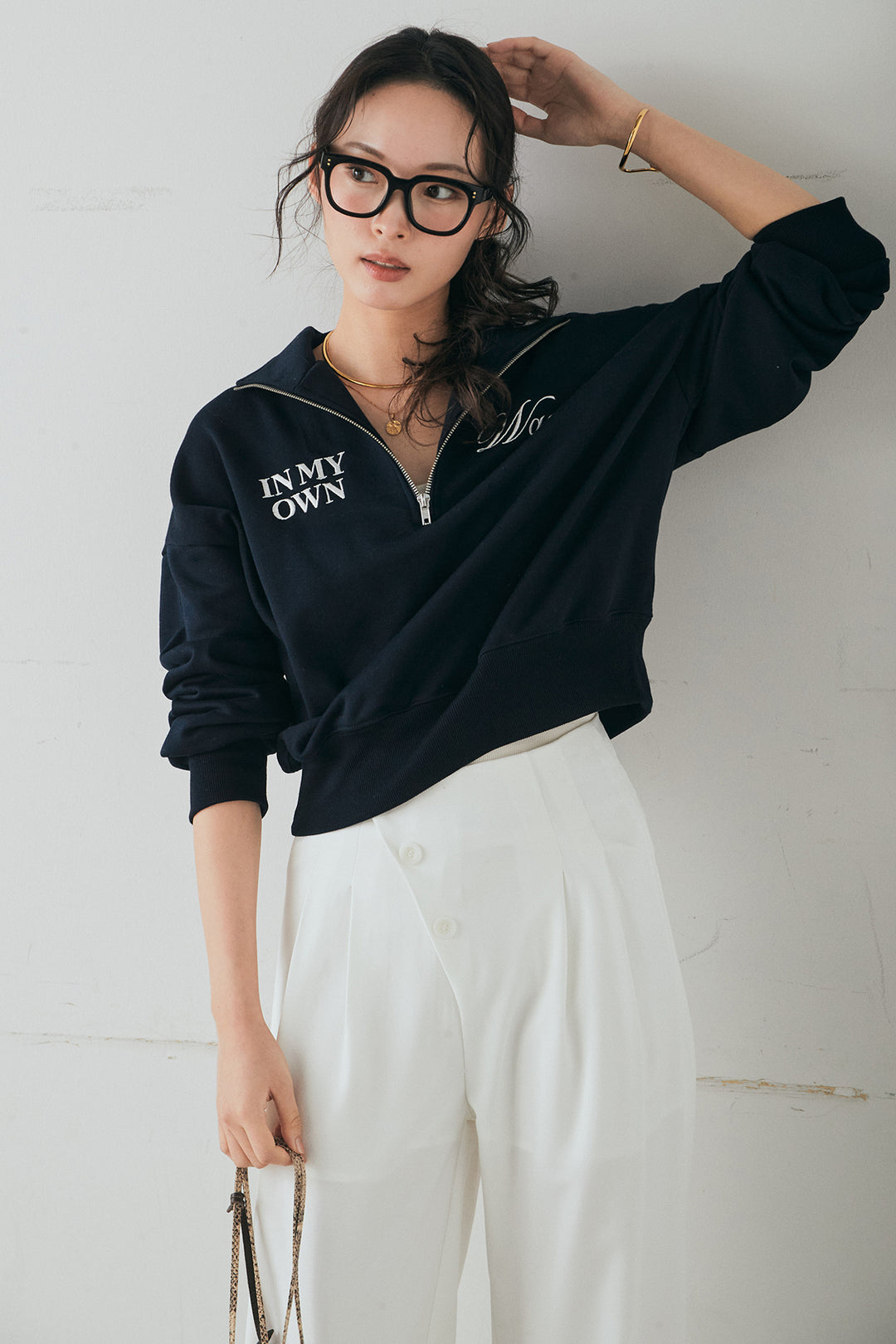 [SET]裏毛ロゴ刺繍ハーフZIPスウェット+斜めボタンタック入りスラックス(2set)