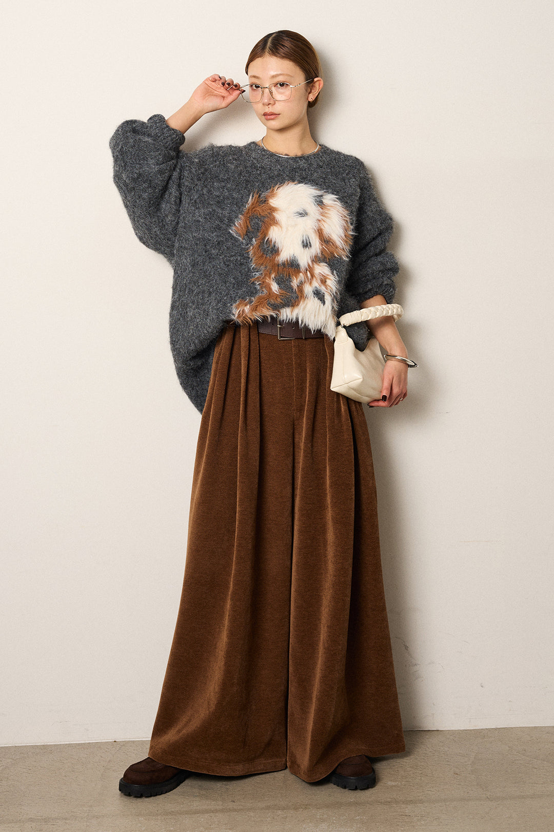 [SET]シャギーニュアンスアニマルニット+ベルトループコーデュロイワイドパンツ(2set)