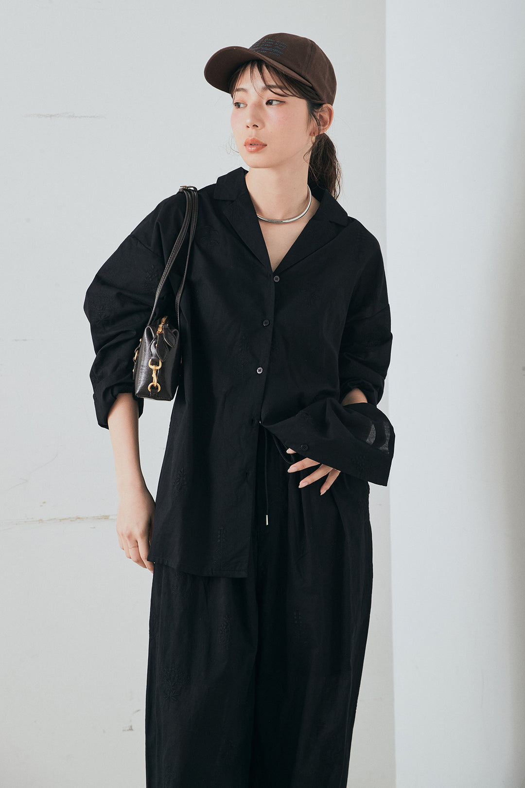 [SET]刺繍ローンオープンカラーシャツ+刺繍ローンタックイージーパンツ(2set)