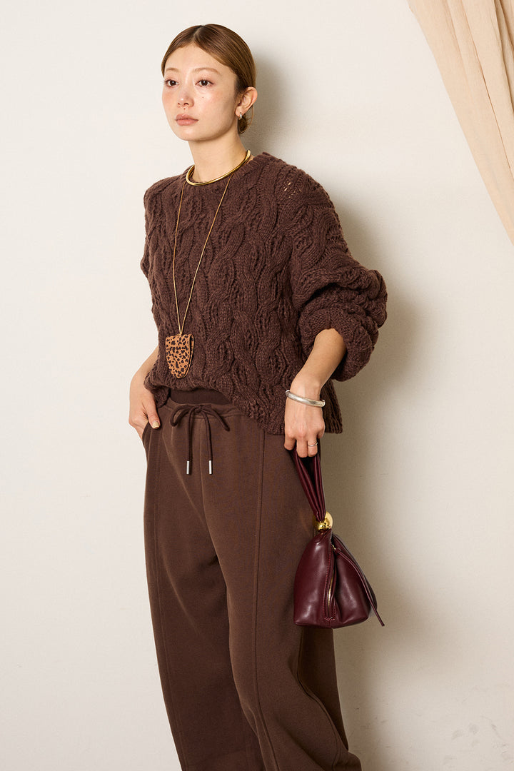 [SET]ケーブルリラックスショートニット+スウェットワイドカーブパンツ(2set)