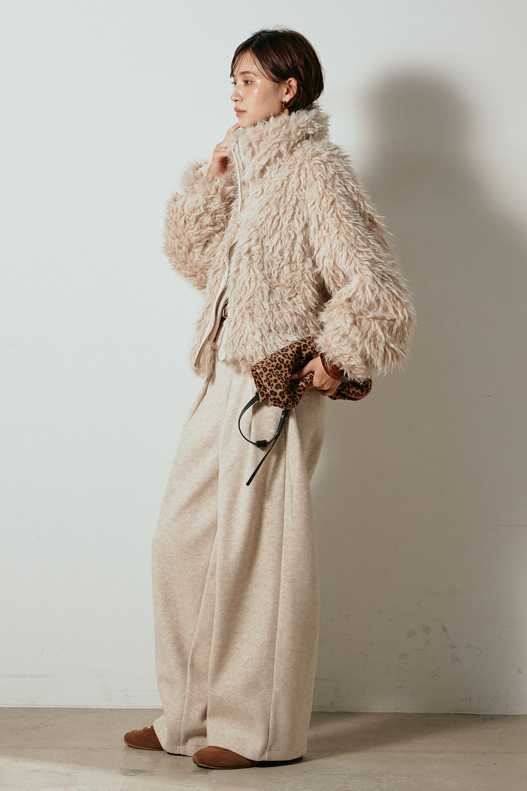 [SET]ミックスシープファースタンドブルゾン+フェイクウールタックトラウザーズパンツ(2set)