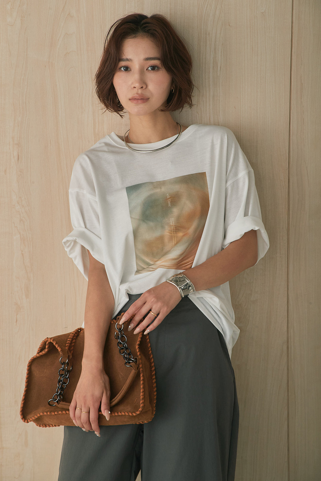 [SET]MarbleプリントTシャツ+ポケットベルト付きニーサイドタックパンツ(2set)