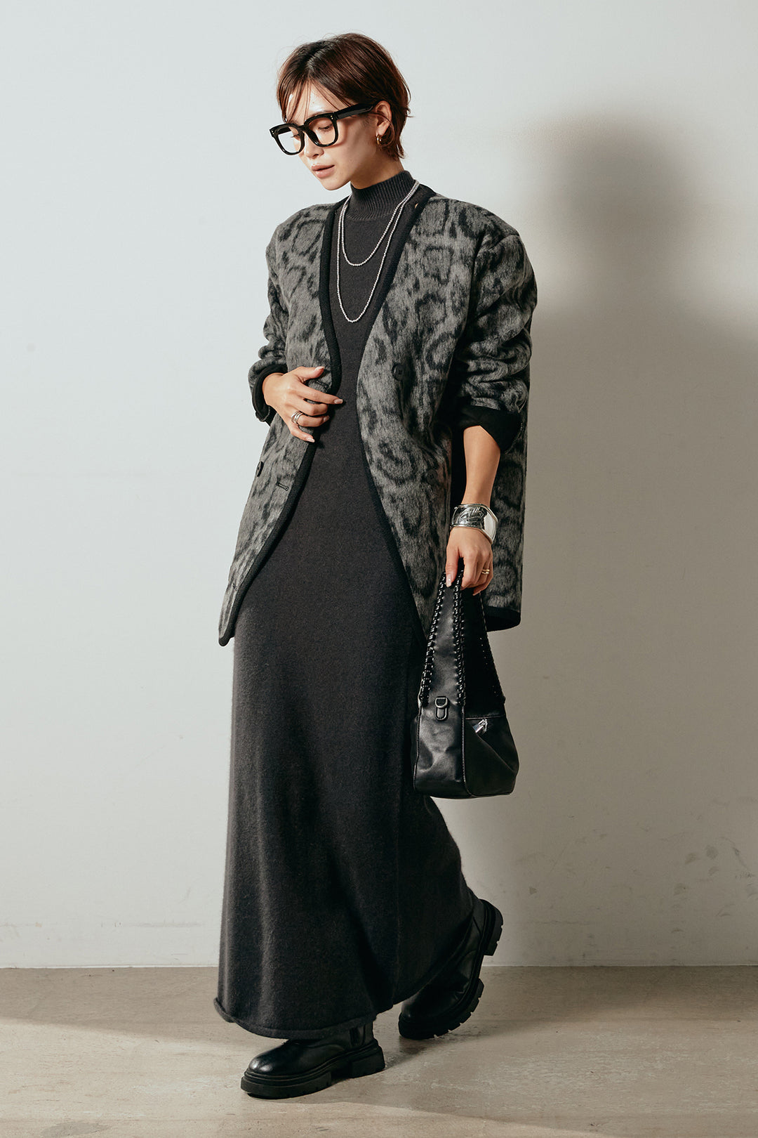 [SET]ノーカラーレオパード柄アウター+ノースリーブニットロングワンピース(2set)