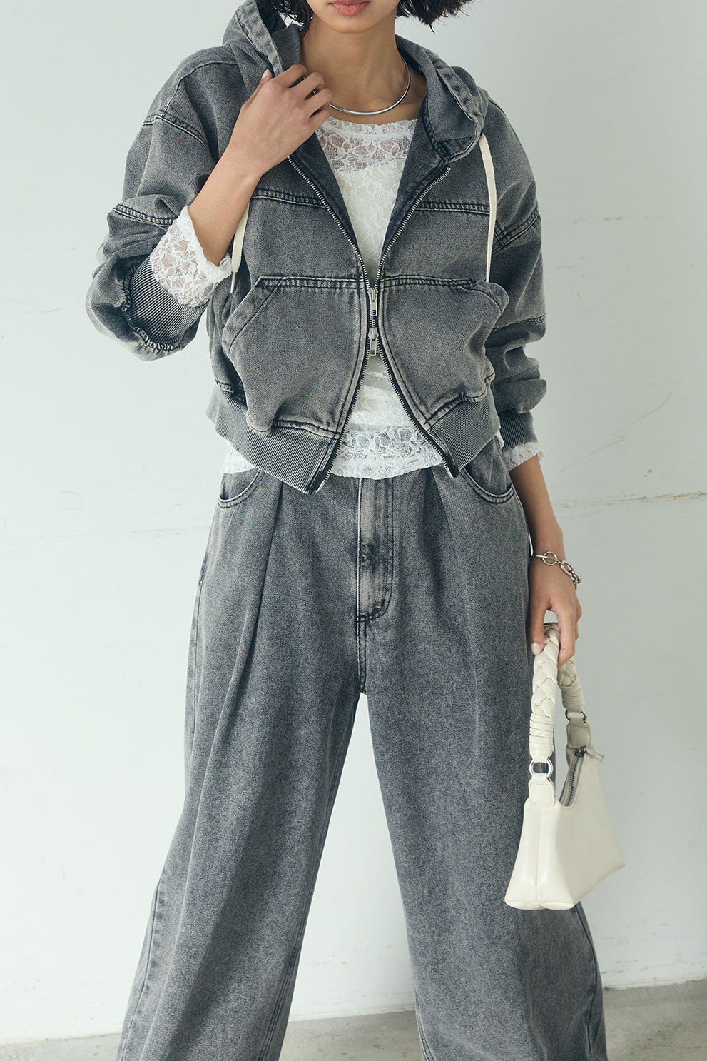 【着回しセット】[SET]デニムダブルジップパーカーブルゾン+デニムタックカーブパンツ+デニムダブルジップパーカーブルゾン(3set)