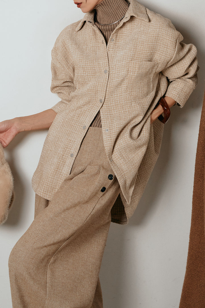 [SET]ルーズクラッシュツイルシャツ+リブニットシームレスタートルプルオーバー+サイドボタンツイードタックパンツ(3set)