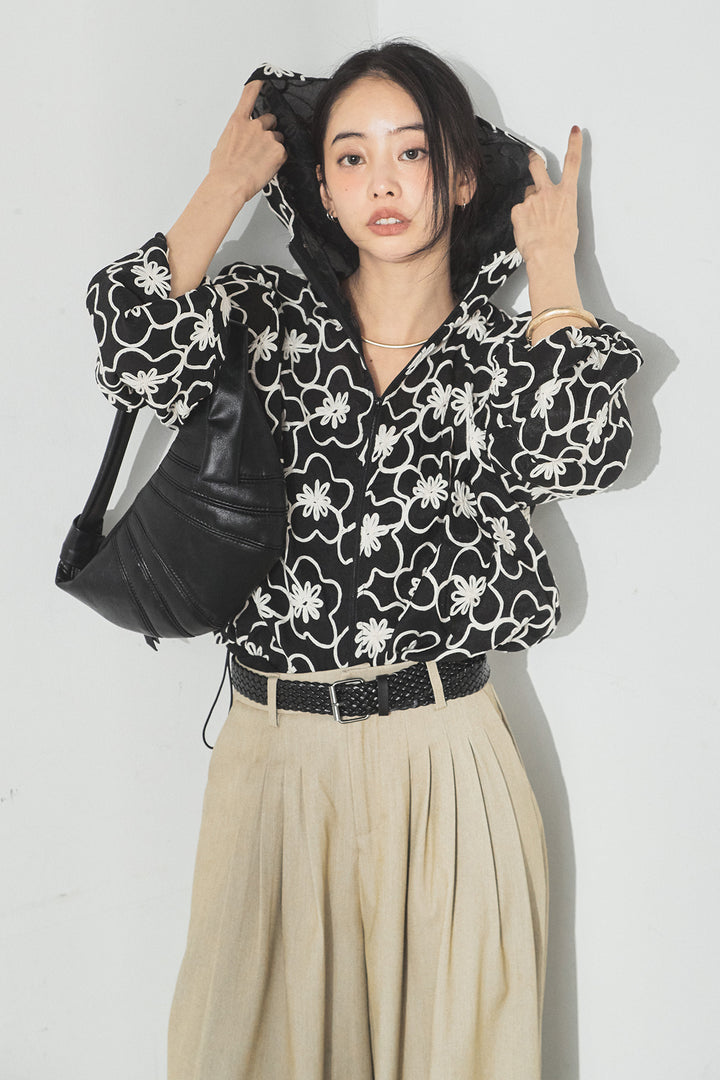 [SET]シアーフラワーフードブルゾン+編みベルト付きウエストタックワイドパンツ(2set)