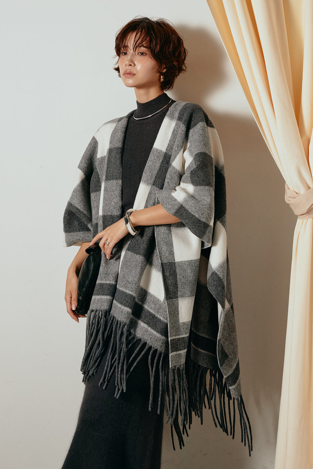 [SET]裾フリンジ柄ポンチョアウター+ノースリーブニットロングワンピース(2set)