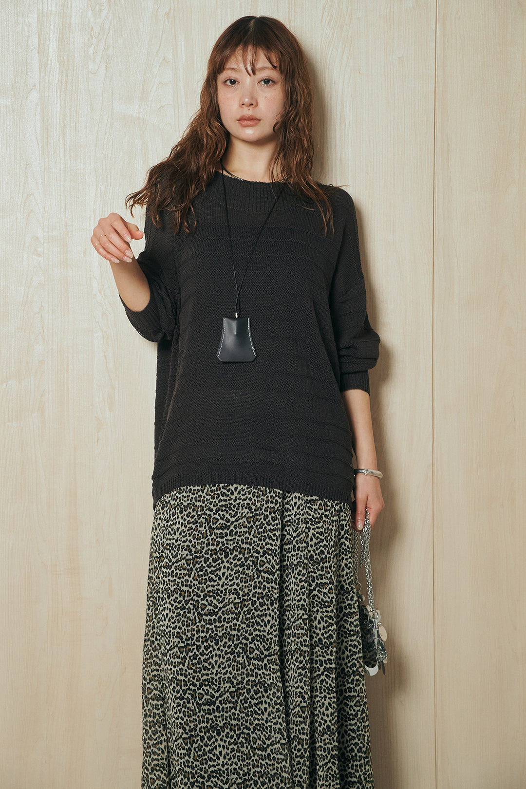 [SET]麻混リラックスニットトップス+リラックスレオパードロングスカート(2set)