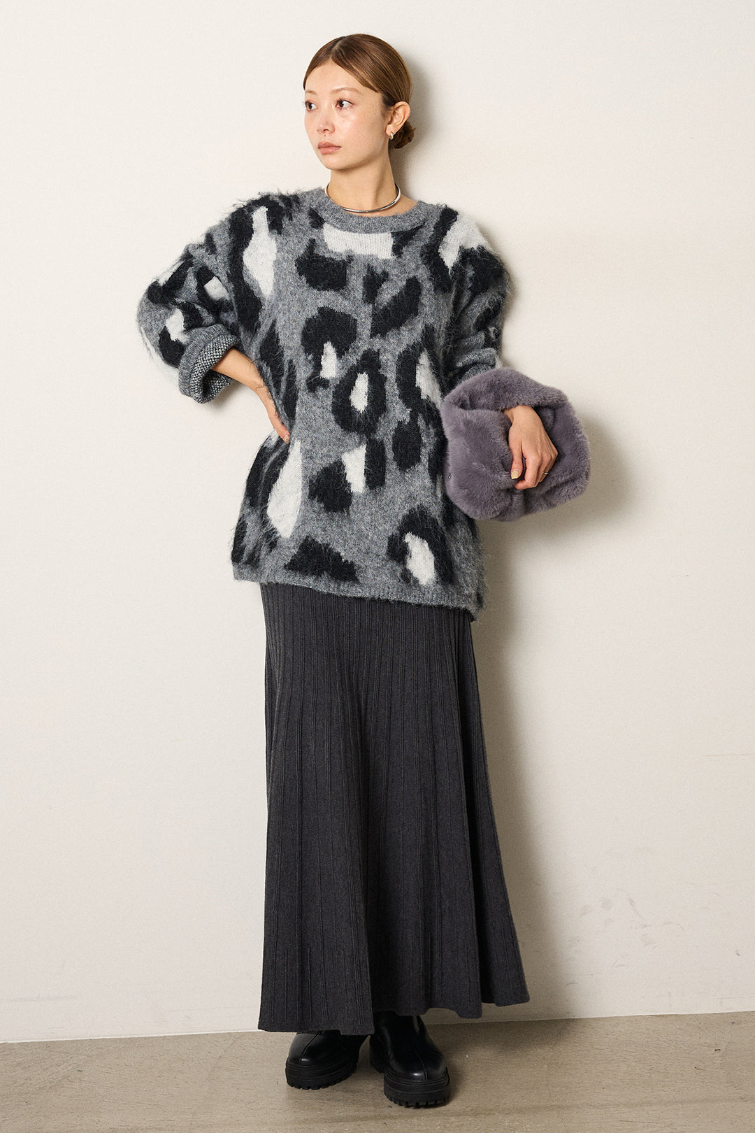 [SET]ルーズアニマルモヘアニットトップス+編み地切り替えフレアニットスカート(2set)