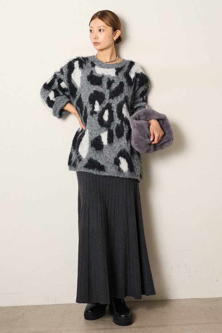 [SET]ルーズアニマルモヘアニットトップス+編み地切り替えフレアニットスカート(2set)