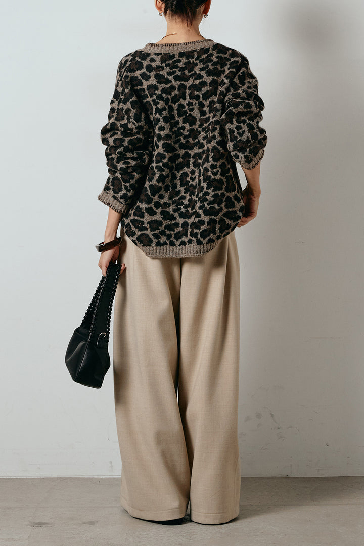 [SET]ステッチデザインレオパードニットカーディガン+ポーチベルト付きカーブパンツ(2set)