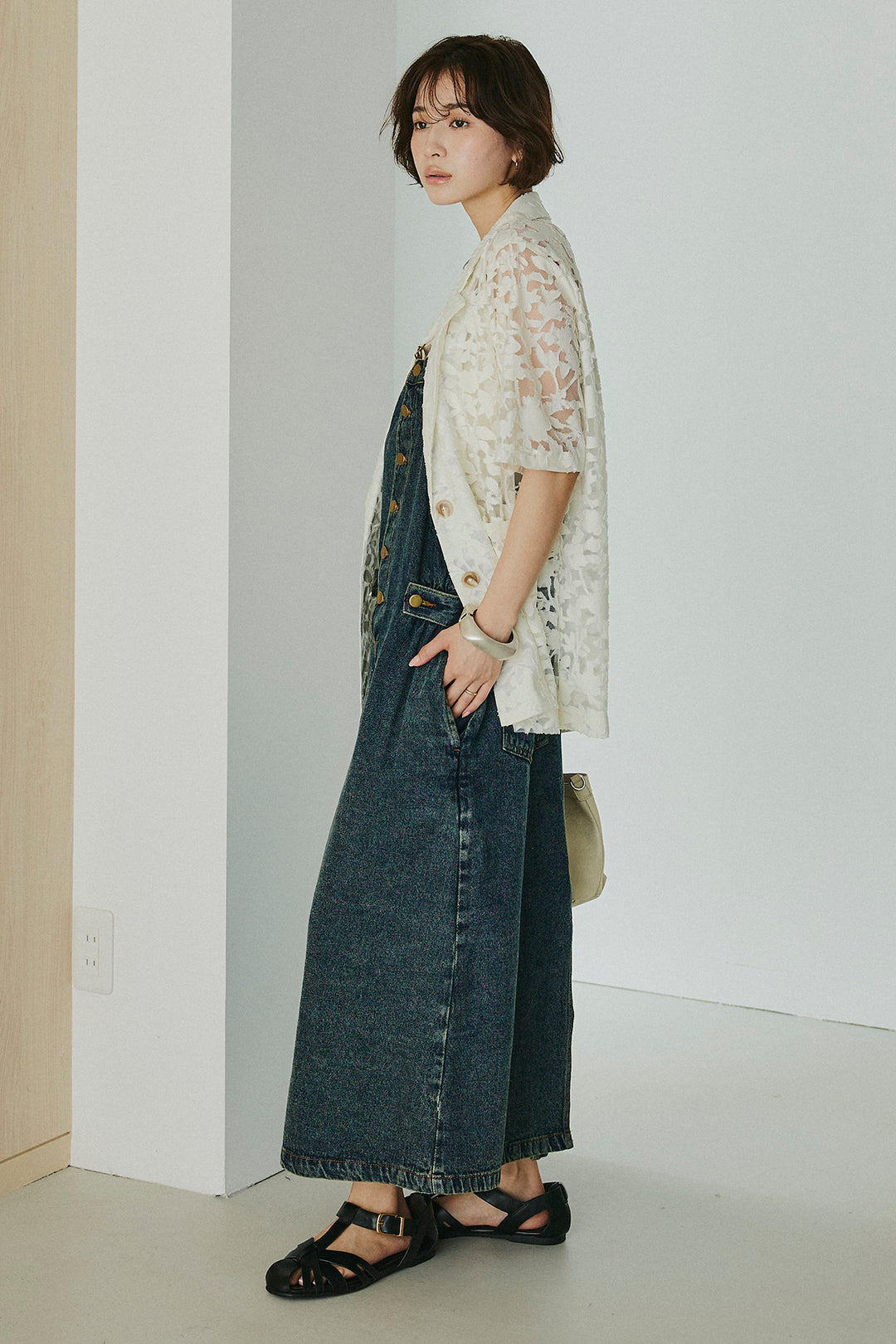 [SET]シアージャガードハーフスリーブテーラードジャケット+配色ショルダーデニムサロペットスカート(2set)