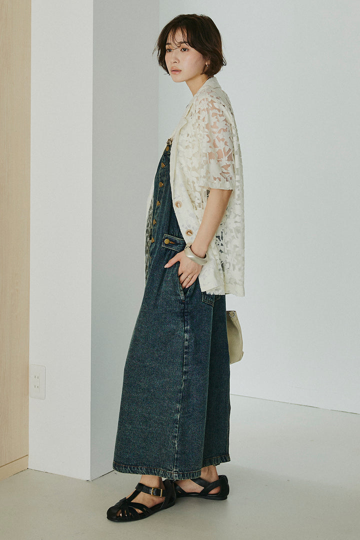 [SET]シアージャガードハーフスリーブテーラードジャケット+配色ショルダーデニムサロペットスカート(2set)