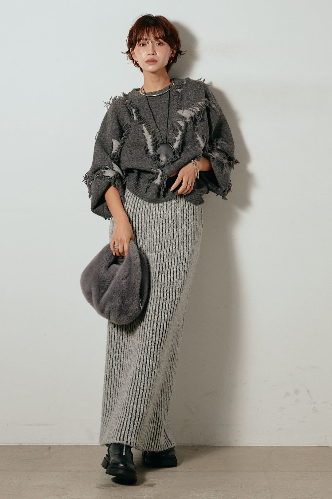 [SET]シャギージャガードニットトップス+アルパカタッチニットタイトスカート(2set)