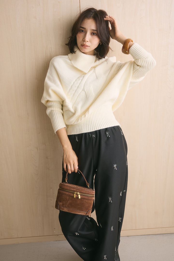 [SET]アシメカラーボタンケーブルニット+総ビーズ刺繍パンツ(2set)