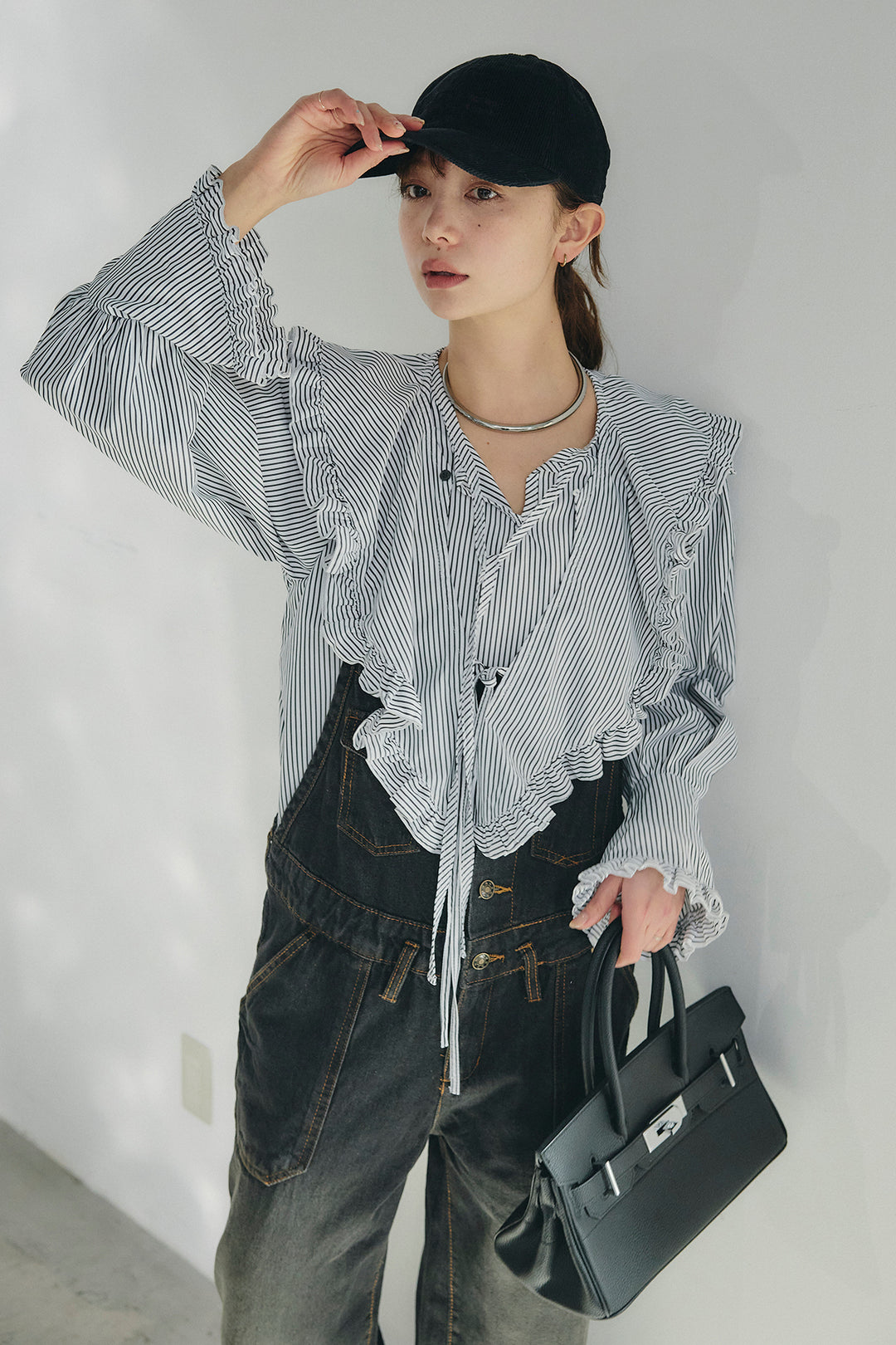 [SET]コットンフリルブラウス+デニムサロペットワイドパンツ(2set)