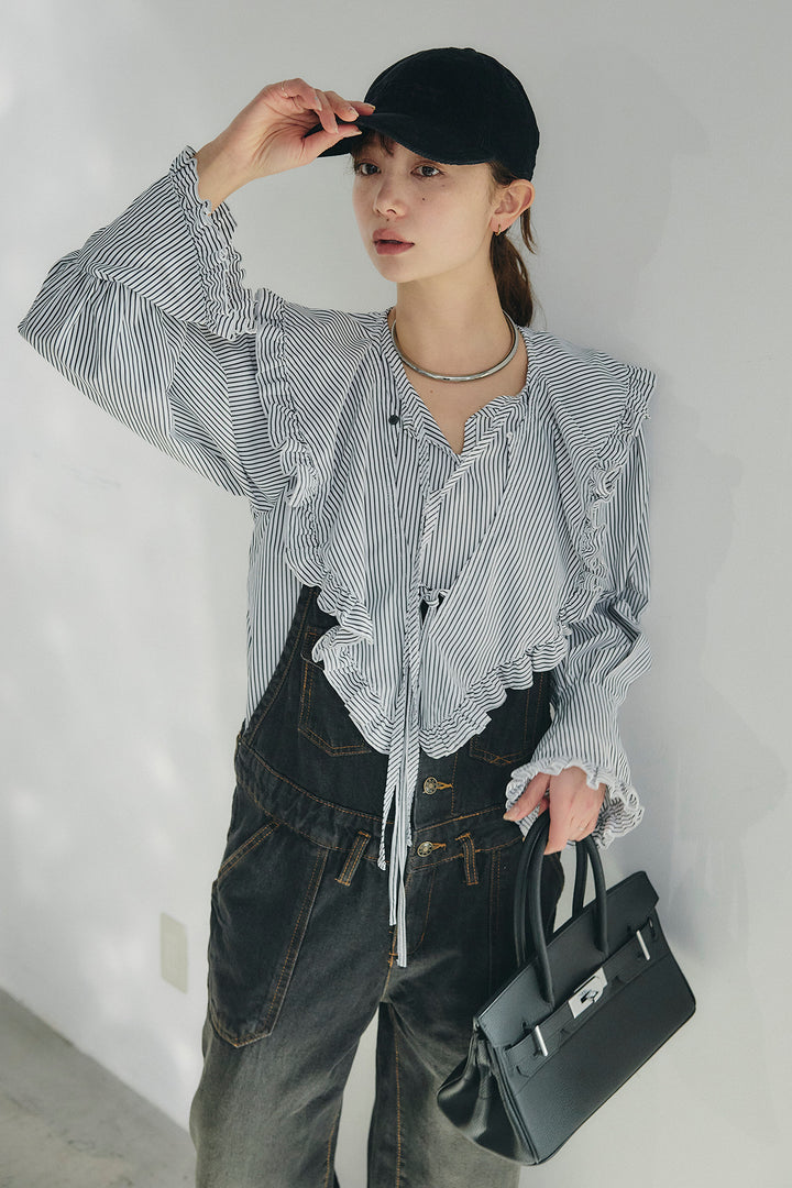 [SET]コットンフリルブラウス+デニムサロペットワイドパンツ(2set)