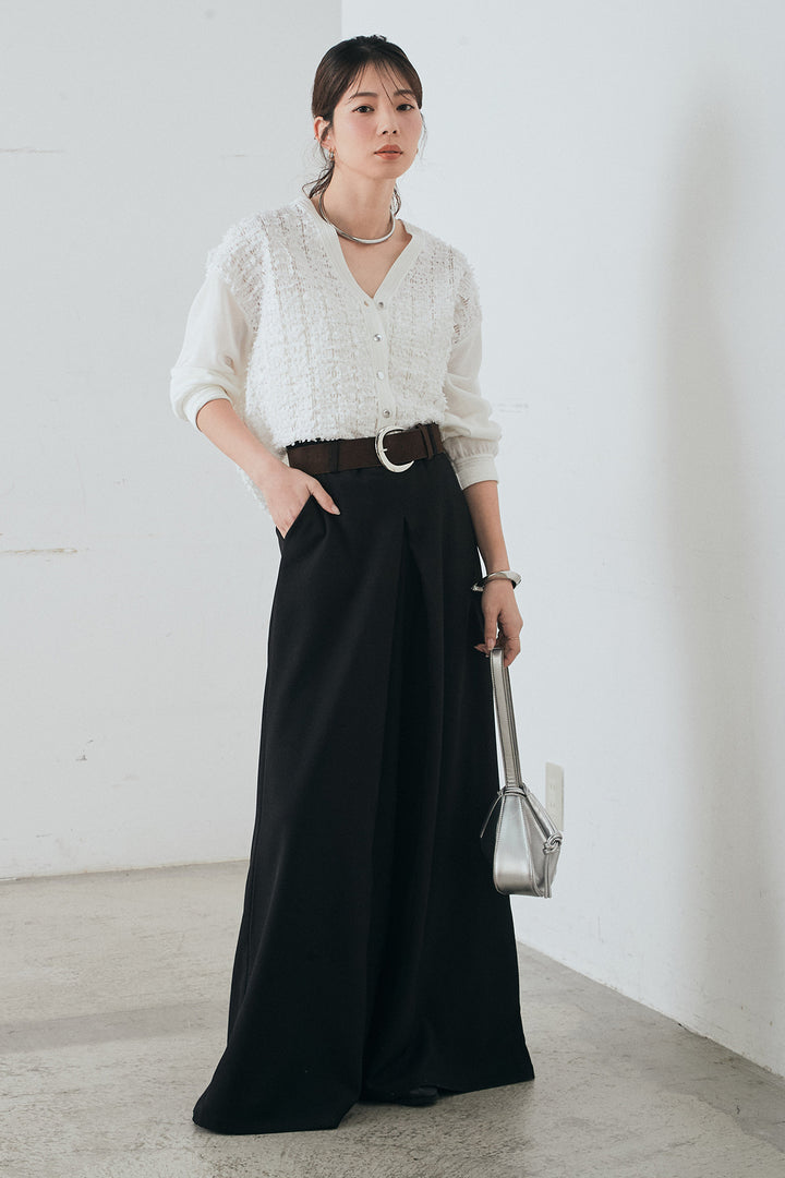 [SET]モコレースVネックカーディガン+太ベルト付きフロントタックパンツ(2set)