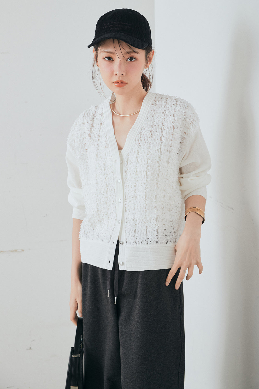 [SET]モコレースVネックカーディガン+カットダンボールウエストフリルカーブパンツ(2set)