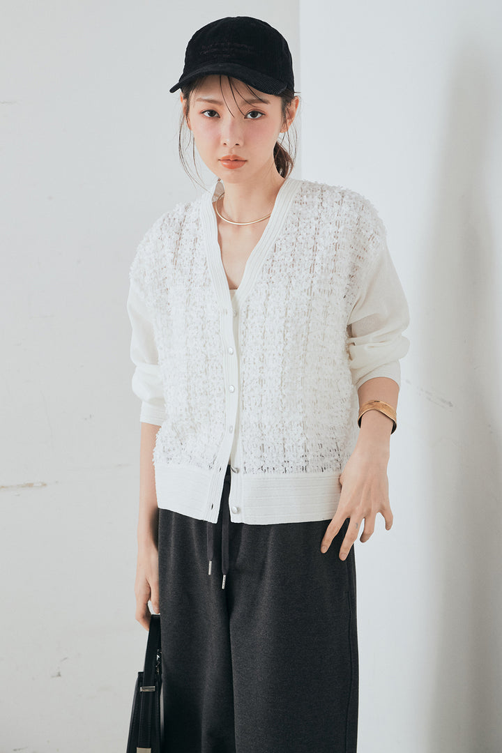 [SET]モコレースVネックカーディガン+カットダンボールウエストフリルカーブパンツ(2set)