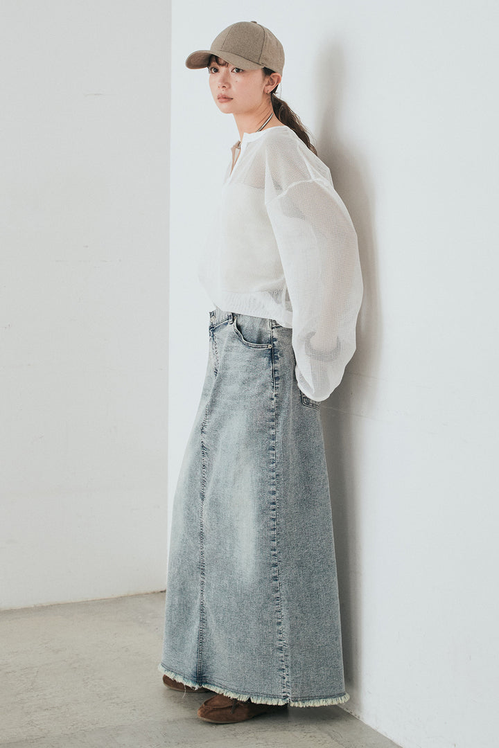 [SET]メッシュカットソースキッパープルオーバー+ウエストクロスデニムタイトスカート(2set)