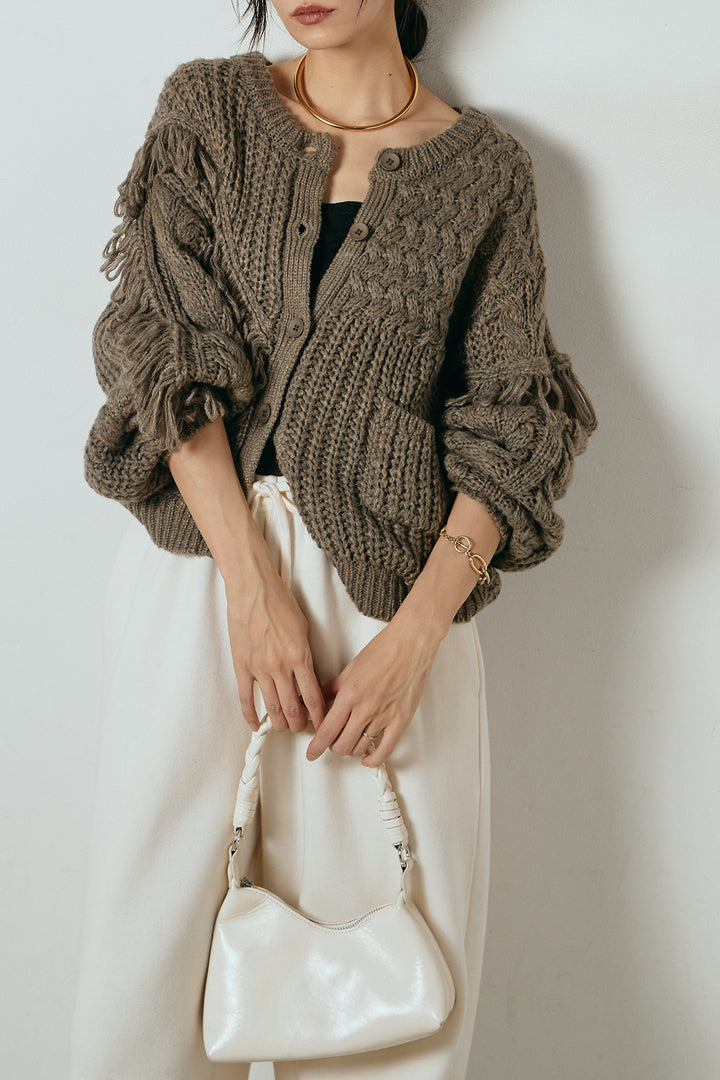 [SET]ランダムフリンジニットカーディガン+裏起毛スウェットワイドパンツ(2set)